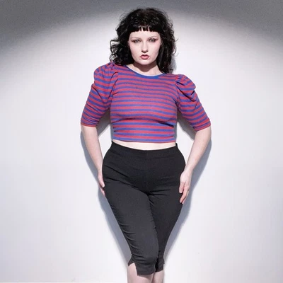 Винтажный 80-х «Санта-Круз» красный и синий в полоску Puff рукав укороченный Топ размер M - Изображение 1 из 4