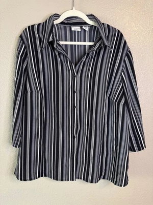 Covington Woman 20W 22W Black White Striped Button Front Shirt Blouse Top - Image 1 of 4