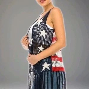 Cloud Chaser USA Flag Fringe Vest Large Patriotic Stars Stripes Open Front - Picture 1 of 9