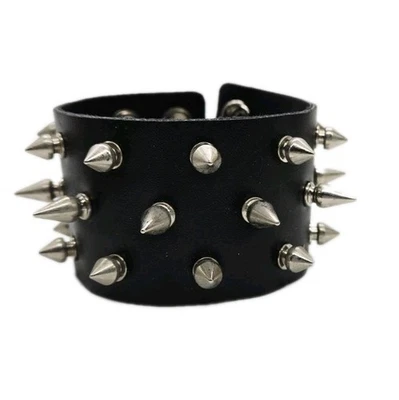 Черный кожаный браслет с шипами унисекс широкий мотоциклиста панк готический застежки 8,5 в - Изображение 1 из 4