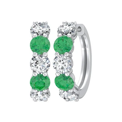 Natural Emerald & Lab Grown Diamond Hoop Earrings 10K White Gold 2.99gm - Image 1 of 4