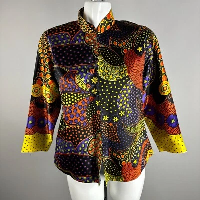 Vtg 60s Psychedelic Colorful Neon Floral Hippie Mod Zipper Shirt Satin Medium - Image 1 of 4