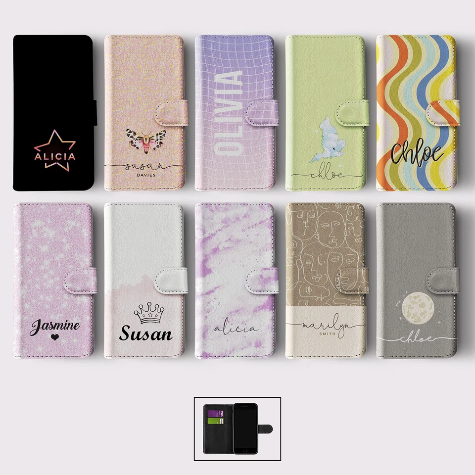 PERSONALISED FLIP WALLET PHONE CASE FOR IPHONE 15 14 13 12 11 SE MOON STARS MOTH - Image 1 of 1
