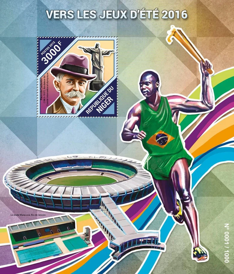 Sports Olympics Stamps Niger 2015 MNH Rio 2016 Games Pierre de Coubertin 1v S/S — 第 1/1 张图片