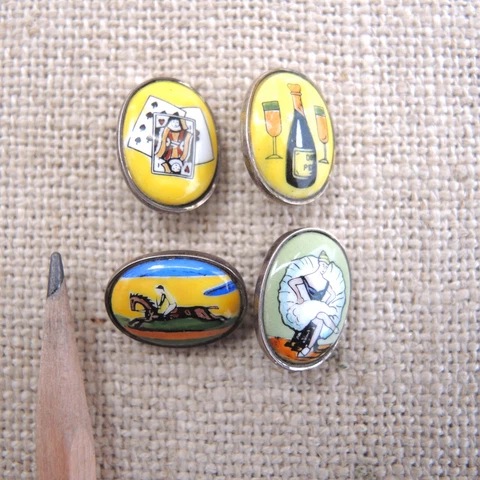 Rare Picture Buttons Enamel Sterling Silver VICES Wine Women Cards Horse Races Cover