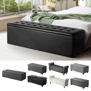 Oikiture Storage Ottoman Blanket Box Linen/Faux Leather Toy Foot Stool L/XL - Picture 1 of 130