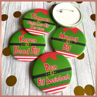 1 x Personalised CHRISTMAS ELF Name PIN BADGE Button Work Staff Party Gift 58mm