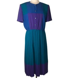 VTG 80s Leslie Fay Dress 14 Colorblock Purple Green Pleated Buttons NO BELT - Picture 1 of 14