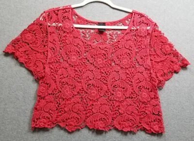 Express Top Womens Large L Pink Floral Lace Short Sleeve Scoopneck Cropped Sheer - Image 1 of 4