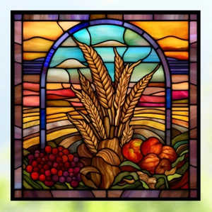 Fall Harvest Faux Stained-Glass WINDOW CLING Size 8" Repositionable Vinyl - Picture 1 of 1