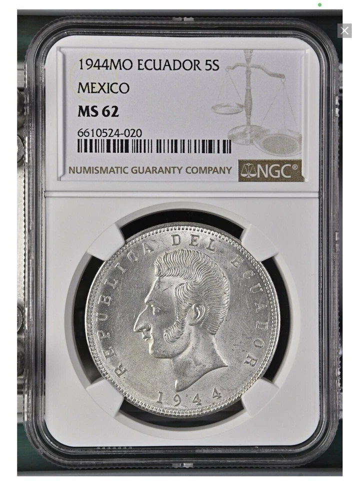 1944 Mo Ecuador 5 Five Sucres Silver Coin KM# 79 Mexico  25grams - Image 1 of 1