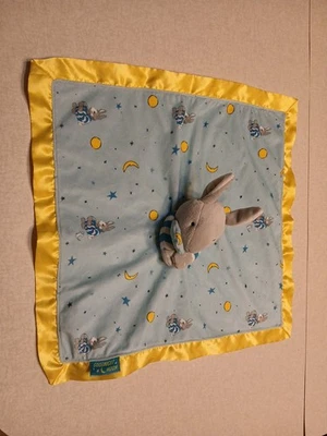Goodnight Moon Baby Lovey Bunny Rabbit Blue Yellow Satin Trim - Image 1 of 4