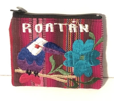 Embroidered Coin Purse Stash Pouch Handmade In Roatan Zip Top - Image 1 of 4