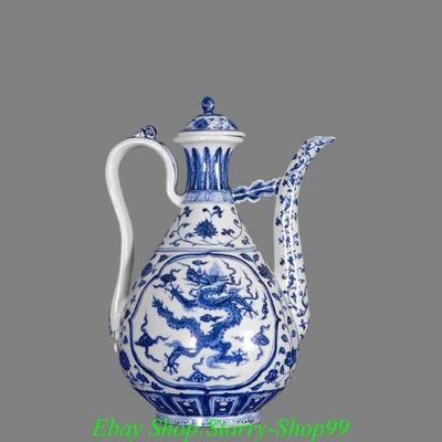 12,9-дюймовый старый сине-белый фарфоровый драконий узор винный чайник флагон - Изображение 1 из 4