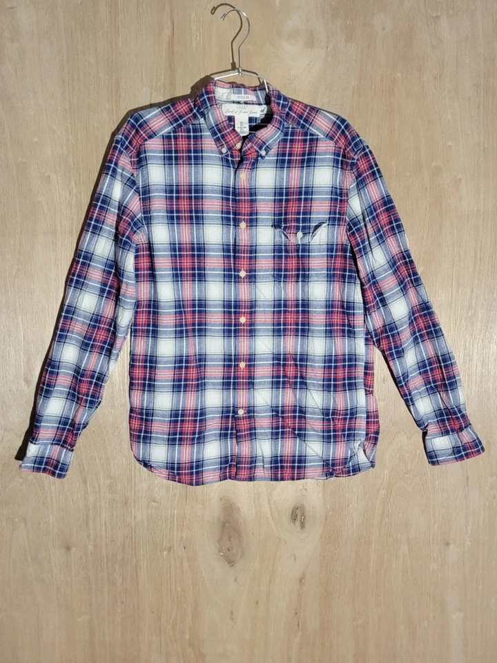 H&M L.O.G.G. Camisa de franela para hombre L regular roja azul a cuadros manga larga con botones Foto 1 de 4