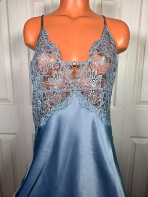 Vestido Victoria’s Secret Slip Chemise Camisón Azul Pizarra Brillante Satén Encaje Talla XL Foto 1 de 4