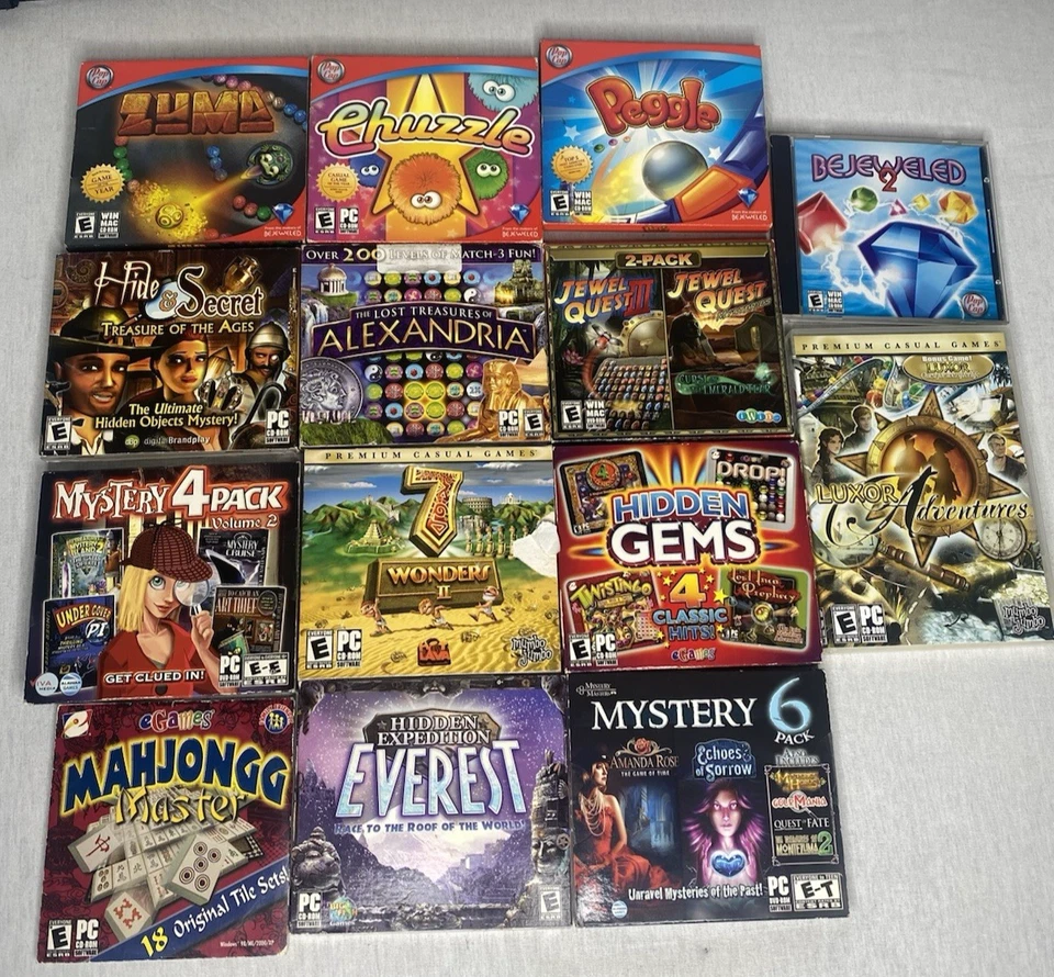 Lot of 14 Puzzle CD Rom Windows PC Games Zuma, Chuzzle, Jewel Quest, Peggle - Image 1 of 4