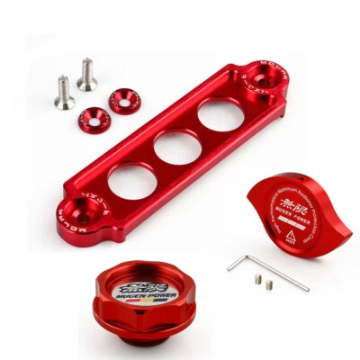 Tapa de llenado de aceite de motor JDM roja + tapa del radiador + amarre de batería para Honda Acura Foto 1 de 4