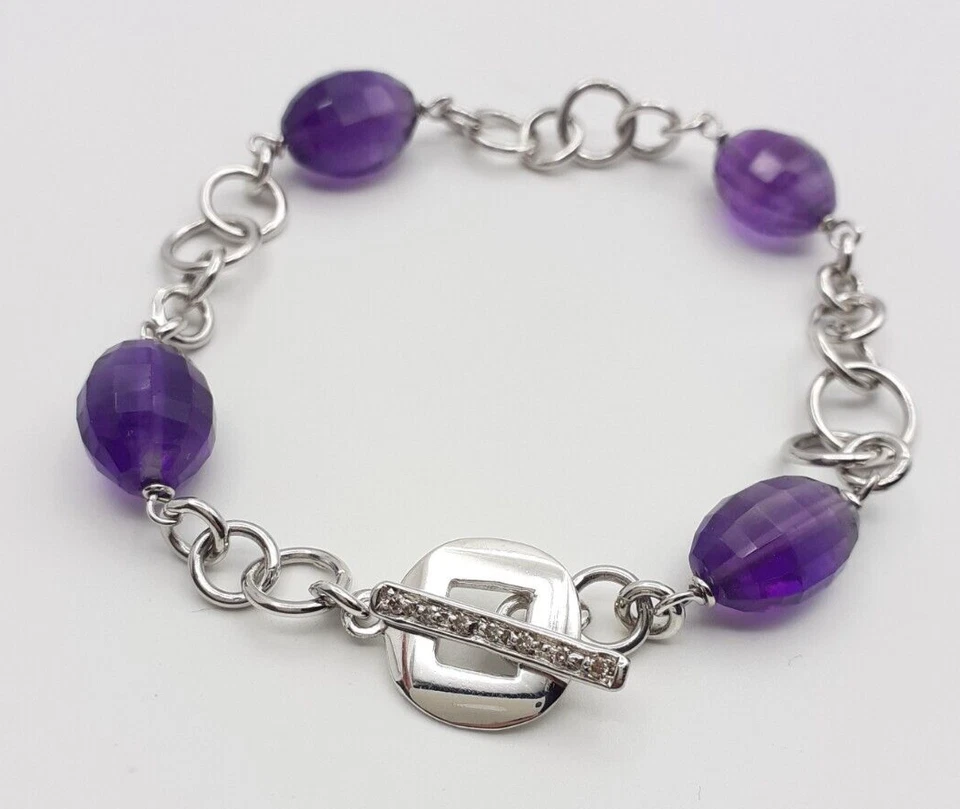 Bracciale Ametista argento 925 diamanti brown gioiello donna catena chiusura a T - Immagine 1 di 4