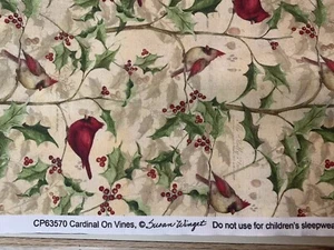Remnant 30 X 44” Susan Winget Christmas fabric Cardinal On Vines - 100% Cotton - Picture 1 of 2