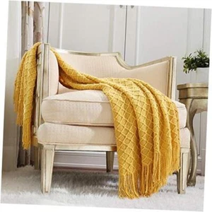 Knitted Decorative Throw Blanket for Couch Sofa Chair Bed,Soft Warm Yellow - Picture 1 of 6