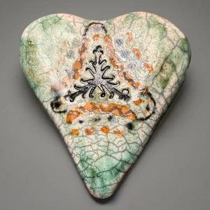 Raku Pottery Heart Decor 6”x 5” Asian Motif Hand Made Love Valentines  EPOC - Picture 1 of 4
