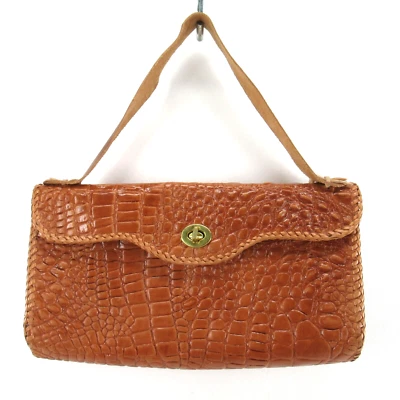 Rustic Croc Embossed Leather Satchel Handbag S Brown Whipstitch Edge Purse Bag - Image 1 of 4