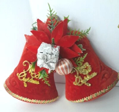 MCM Christmas Ornament Flocked Bells Lot Of 4 Kitsch Large Red Silver Retro - Image 1 of 4