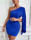 Womens Size 10 UK Royal Blue Cutout Bodycon Dress Asymmetric Chiffon Cape M New