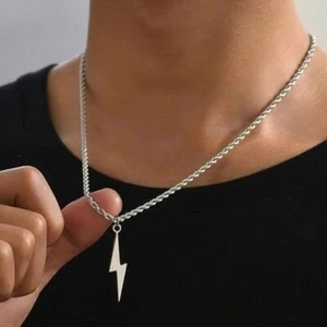 Silver Rope Chain Necklace with Lightning Bolt Pendant –Trendy Statement Jewelry - Picture 1 of 7