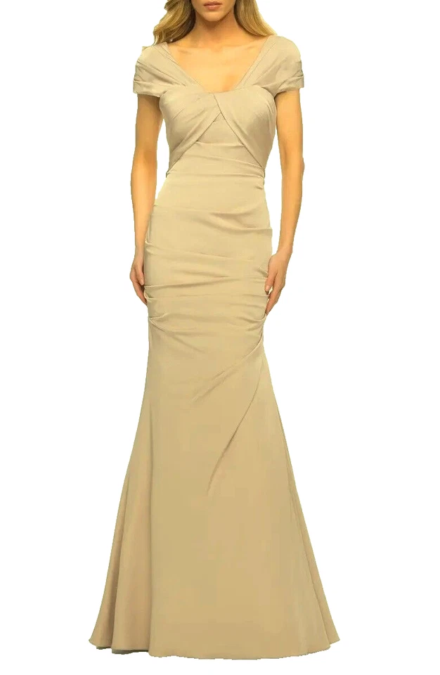 La Femme Nude Beige Pleated Jersey Trumpet Gown Size 10 Orig $515 - Image 1 of 2