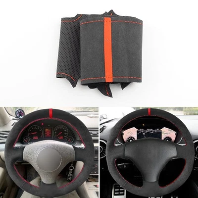 Para Audi A3 2000-2003 A4 03-05 Negro+Rojo Hágalo Usted Mismo Volante Gamuza Cuero Cubierta Foto 1 de 4