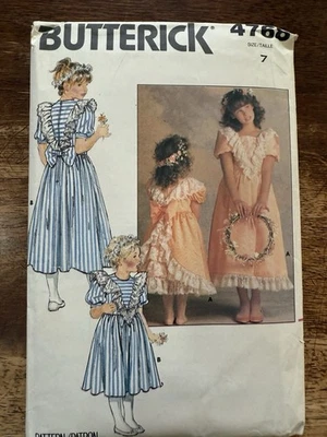 Vintage Butterick Pattern Girls Ruffle Bow Party Dress 80's # 4768 UNCUT Sz 7 - Image 1 of 2