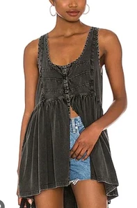 Free People Tunica Donna Brooke Misto Cotone Antracite Abito Alto/Basso ~ Small - Foto 1 di 11