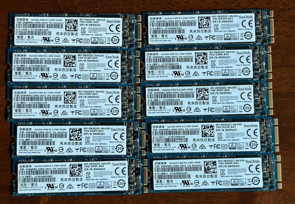 二手 批量 10 256GB SATA III M.2 固态硬盘 闪迪 — 第 1/1 张图片