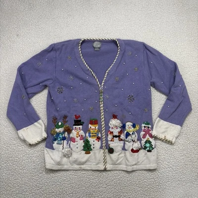 Cárdigan Suéter Berek Tejido Navidad Muñeco de Nieve Adornado Cremallera Completa Invierno Púrpura Foto 1 de 4