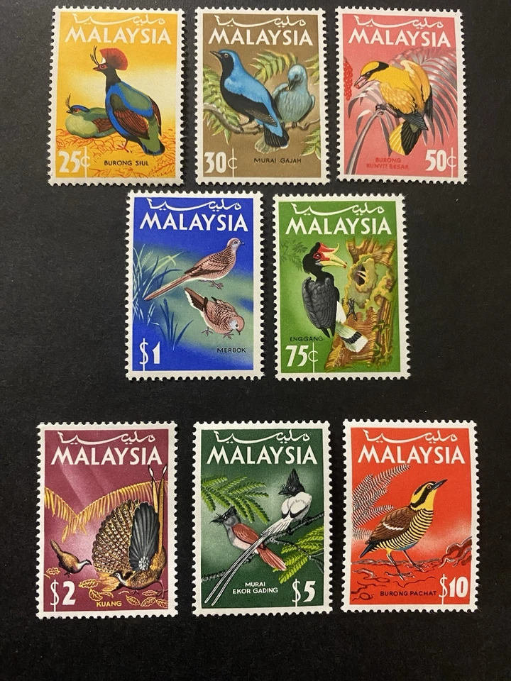 MALASIA 1965 Bird set de 8 MLH, $2, $5 y $10 MNH, SG 20-27 hallazgo raro. Foto 1 de 4