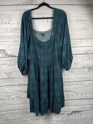 Vestido tórrido para mujer 6 verde púrpura a cuadros calado corpiño mangas abullonadas bolsillos Foto 1 de 4