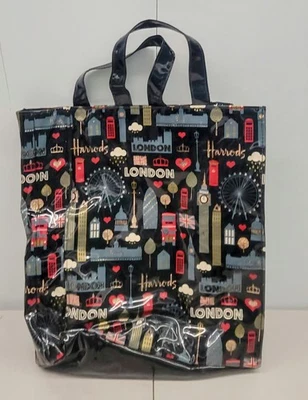 Harrods London Signature Collection Zipper Tote Bag Black Glossy PVC  - Image 1 of 3