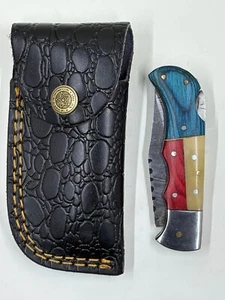 MHSCutlery Damascus steel Texas Handle folding knife with Leather sheath - Picture 1 of 10