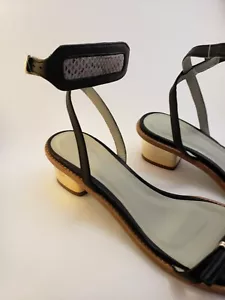 Anthropologie Plomo Jaquenneta Womens Sandal 10 Black Leather Gold Heel Ankle St - Picture 1 of 12