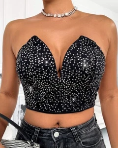 Off shoulder Contrast Sequin Bandeau Crop Top - Picture 1 of 2