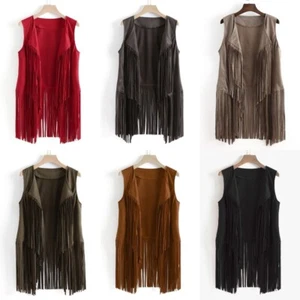 Womens Tassels Fringe Gilet Waistcoat Sleeveless Jacket Cardigan Coat Gypsy - Picture 1 of 18