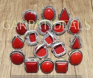 Red Coral Gemstone 5pcs Wholesale Lot 925 Sterling Silver Plated Rings - Picture 1 of 7