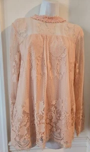  Ultra Pink Ladies Blush/Peach Floral Lace Long Sleeve Top Sz M - Picture 1 of 3