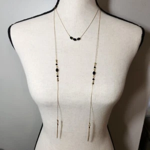 Boho Chic Minimalist Jules Smith Long Fringe Tassel Goldtone Necklace Black Bead - Picture 1 of 6