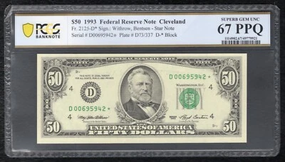 FR. 2125-D* 1993 $50 *STAR* FRN CLEVELAND, OH PCGS BANKNOTE GEM UNC-67PPQ (J) - Image 1 of 2