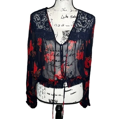 Blusa Free People Floral Encaje Talla XS Azul Transparente Caprichosa Gótica Boho Camisa Campesina Foto 1 de 4