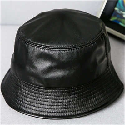 Moda Hombres Mujeres Cuero Genuino Sombrero Cubo Piel de Oveja Negro Gorra de Pescador Foto 1 de 4