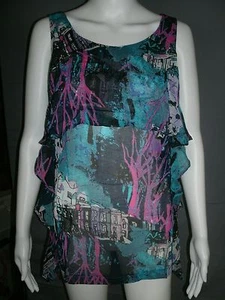Wms Turquoise Geometric Chiffon Tiered Tank w/Ruffle Sides by I.C.U-S,M,L - Picture 1 of 8
